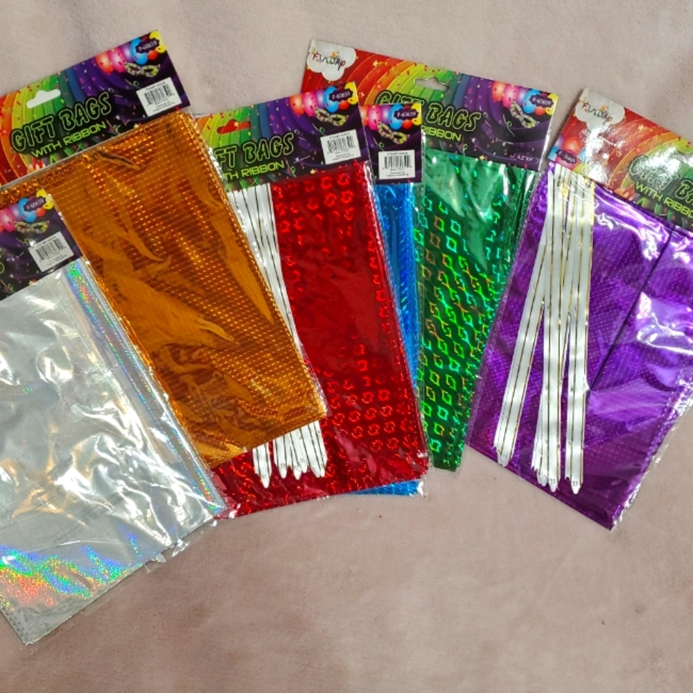 New 6 Assorted Color Iridescent Sparkle  Party Favor Gift Bag Set, 36 Total Bags
